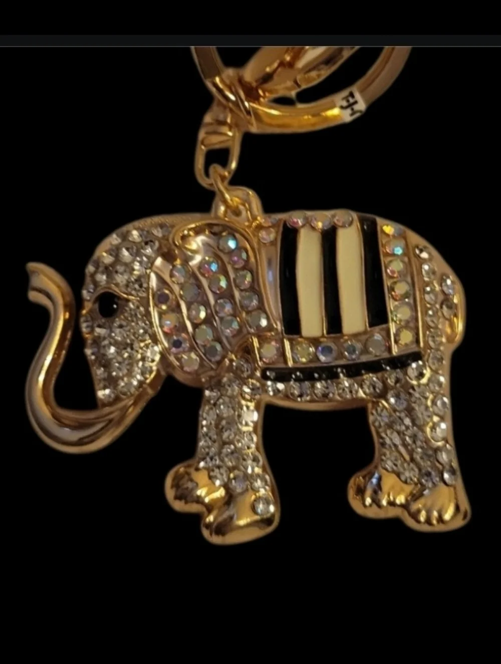 New Natasha‎ Gold Elephant Charm/Keychain, Black & Cream Enamel Accents, Bling